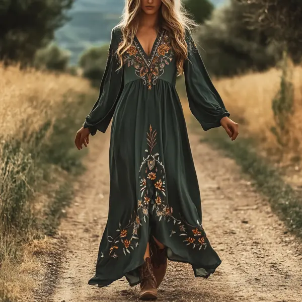 Women's Vintage Floral Boho Style Pastoral V-neck Long Green Dress - Wayrates.com 