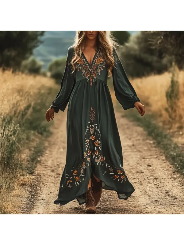 Women's Vintage Floral Boho Style Pastoral V-neck Long Green Dress - Cominbuy.com 