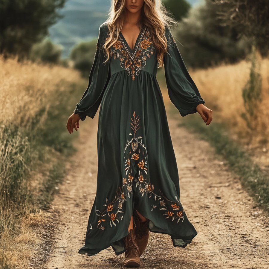 

Women's Vintage Floral Boho Style Pastoral V-neck Long Green Dress