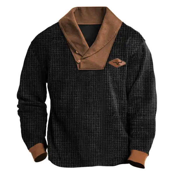 Men's Vintage Western Cowboy Waffle Knit Shawl Collar Long Sleeve Sweatshirt - Menzfolk.com 