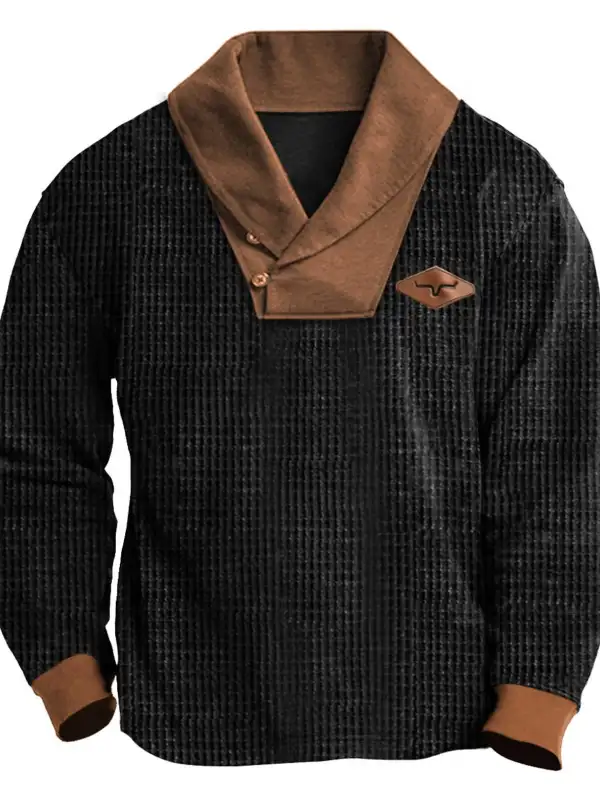 Men's Vintage Western Cowboy Waffle Knit Shawl Collar Long Sleeve Sweatshirt - Menwyx.com 