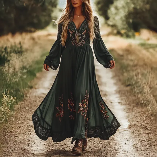 Women's Vintage Floral Casual Boho Style Pastoral V-neck Long Dress - Wayrates.com 