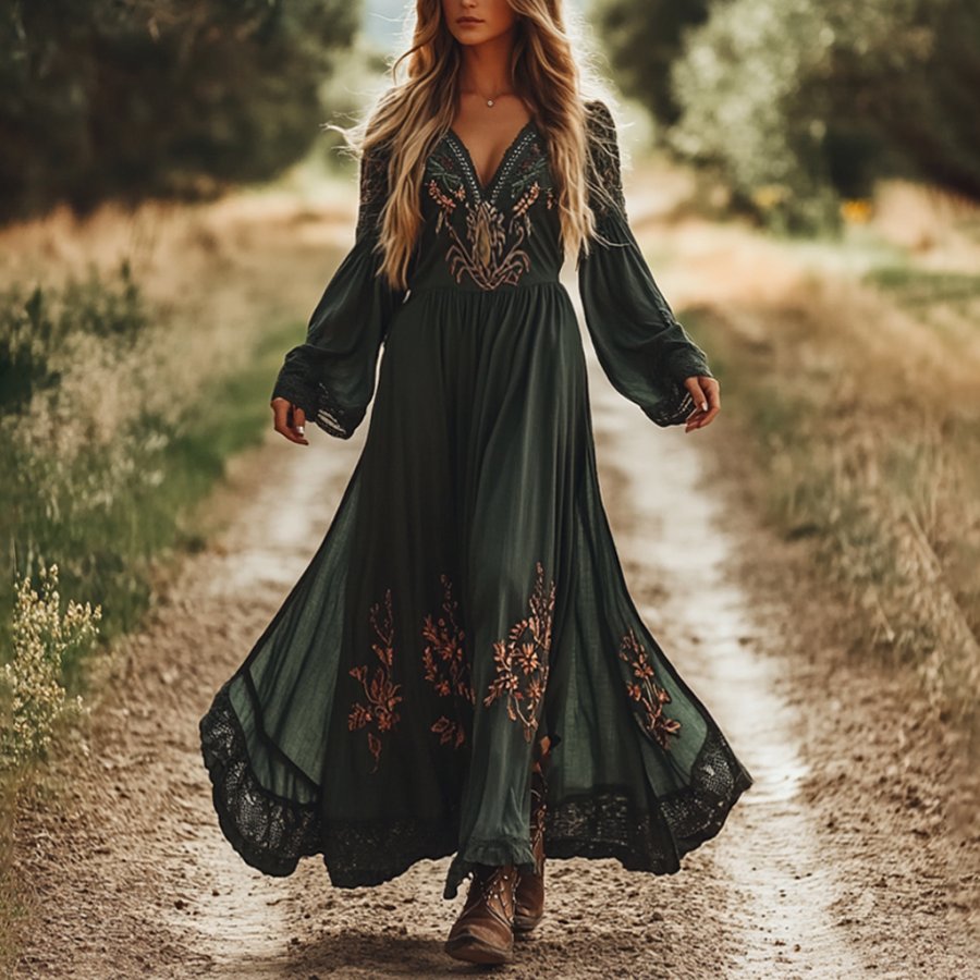

Women's Vintage Floral Casual Boho Style Pastoral V-neck Long Dress