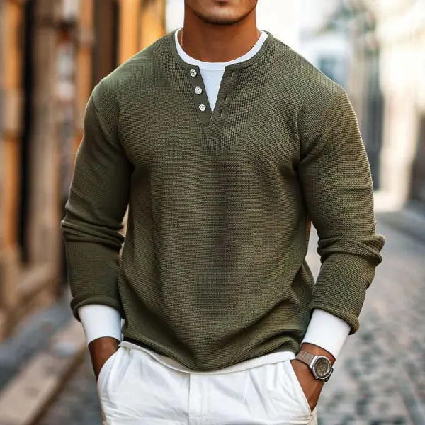 Men's Vintage Waffle Knit V-neck Long Sleeve Sweatshirt - Wayrates.com 