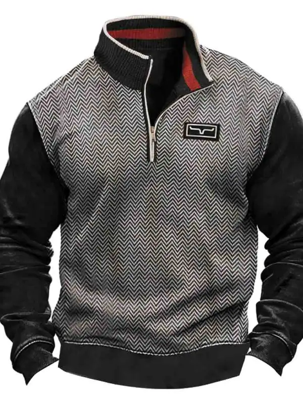 Men's Vintage Western Cowboy Herringbone Color Block Quarter-Zip Stand Collar Long Sleeve Sweatshirt - Menwyx.com 