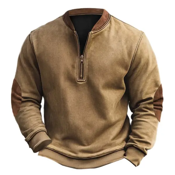 Men's Vintage Elbow Patch Color Block Henley Zipper Long Sleeve Sweatshirt - Menzfolk.com 