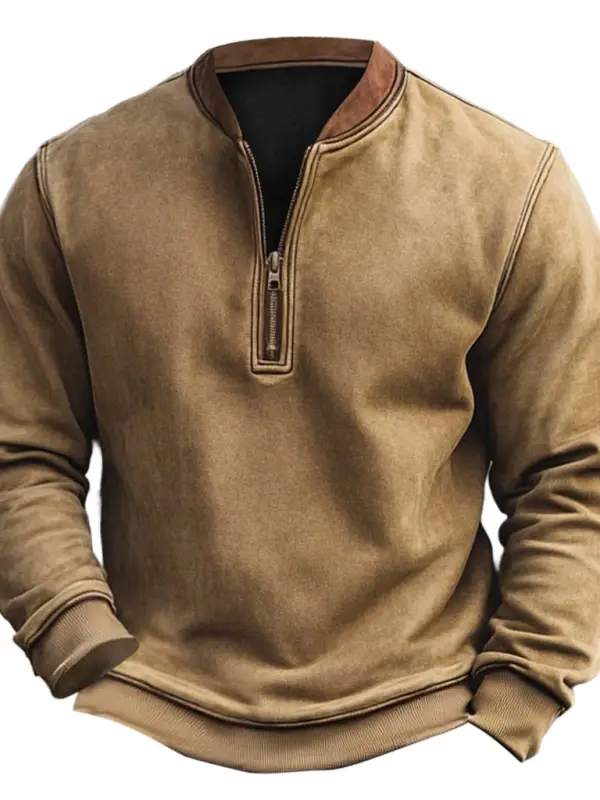 Men's Vintage Elbow Patch Color Block Henley Zipper Long Sleeve Sweatshirt - Menwyx.com 