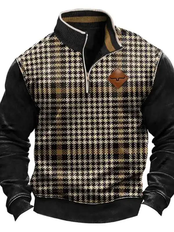 Men's Vintage Western Cowboy Herringbone Color Block Quarter-Zip Stand Collar Long Sleeve Sweatshirt - Menwyx.com 