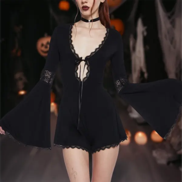 Ladies' Vintage Halloween Skull Print Lace Romper - Wayrates.com 