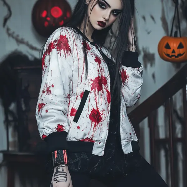 Ladies Vintage Halloween Blood Print Baseball Jacket - Wayrates.com 