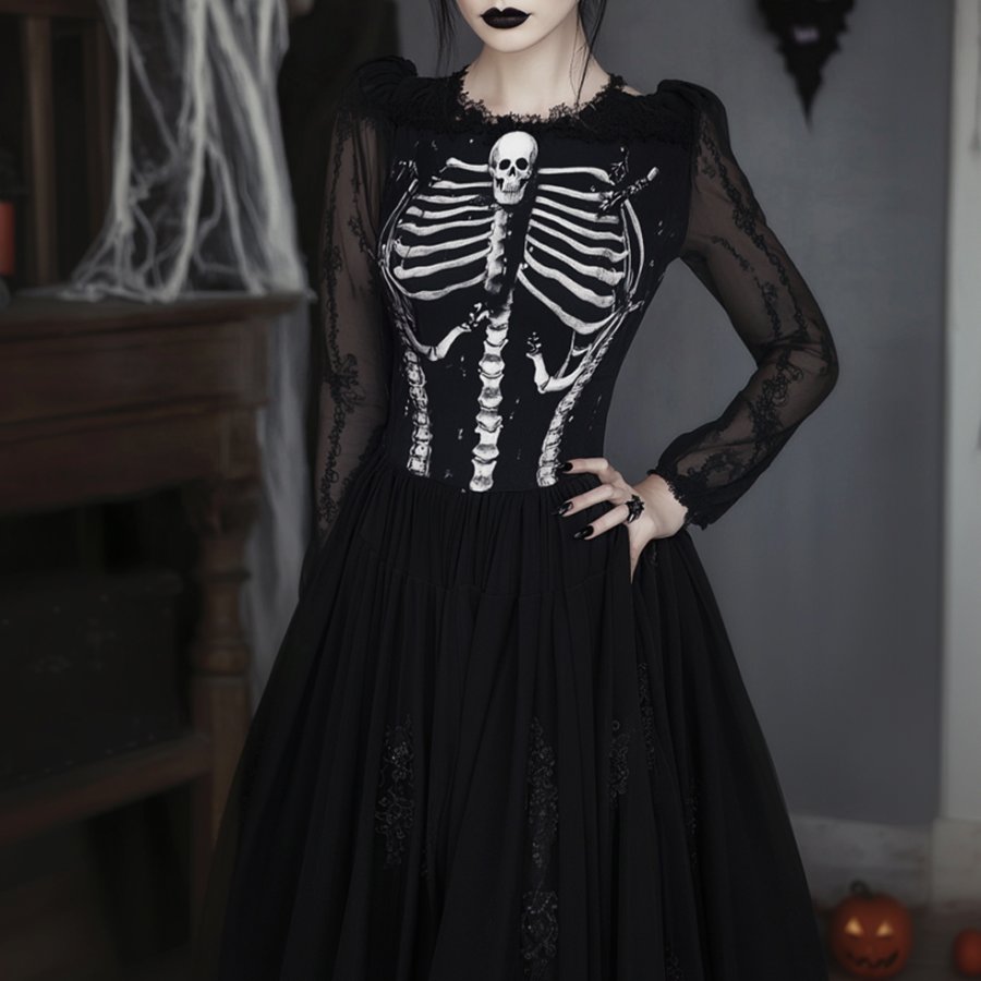 

Ladies Vintage Halloween Skull Print Lace Dress