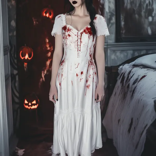 Ladies Vintage Halter Halloween Blood Print Lace Trim Dress - Wayrates.com 