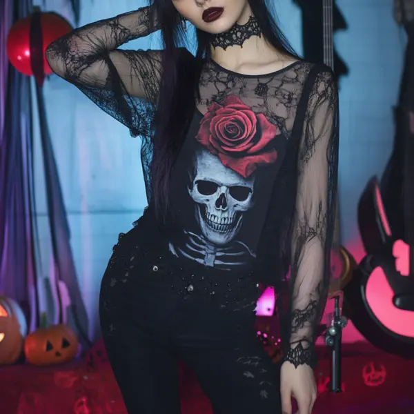 Ladies' Vintage Halloween Skull Rose Print Top - Wayrates.com 