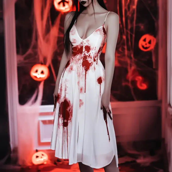 Ladies Vintage Halter Halloween Blood Print Lace Trim Dress - Wayrates.com 