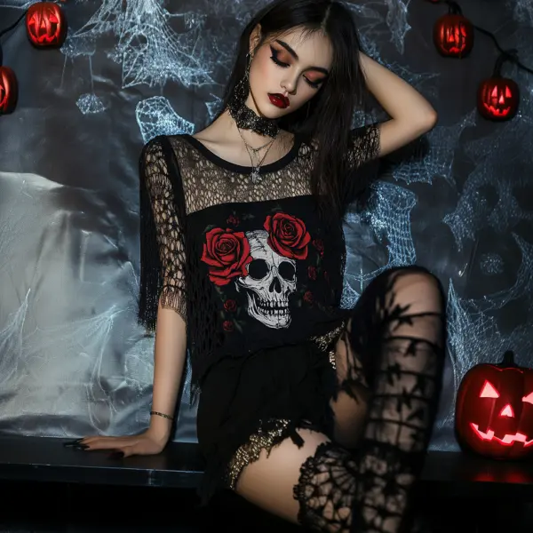 Ladies' Vintage Halloween Skull Rose Print Top - Wayrates.com 