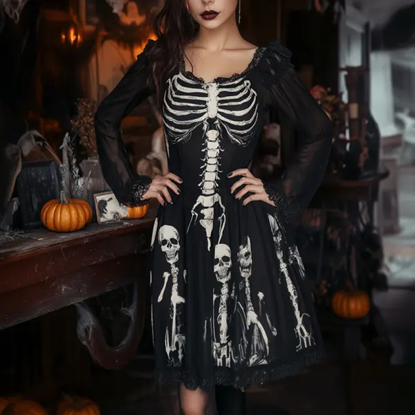 Ladies Vintage Halloween Skull Print Lace Dress - Wayrates.com 