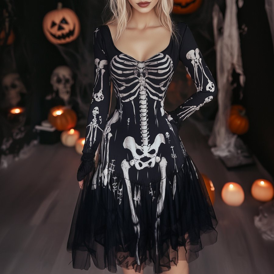

Ladies Vintage Halloween Skull Print V Neck Dress