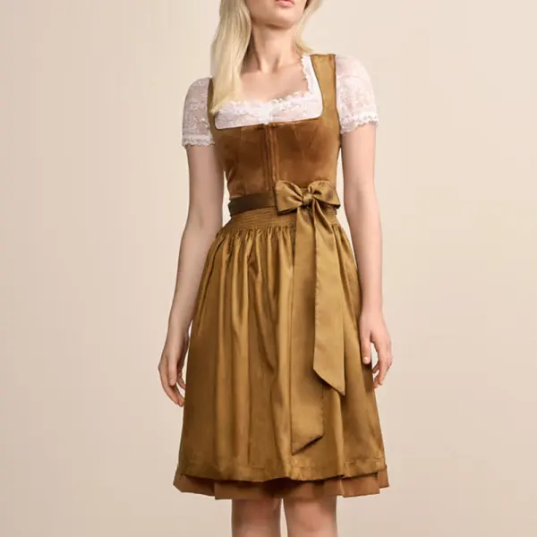 Woman's Kruger Mini Dirndl Brown Velvet Dress 2-piece Set - Elementnice.com 