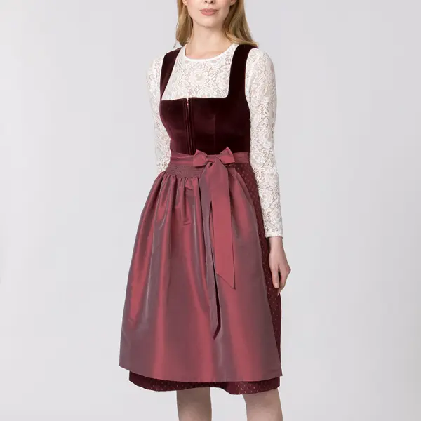 Woman's Spieth Wensky Long Dirndl Boxwood Rot Velvet Dress 2-piece Set - Wayrates.com 