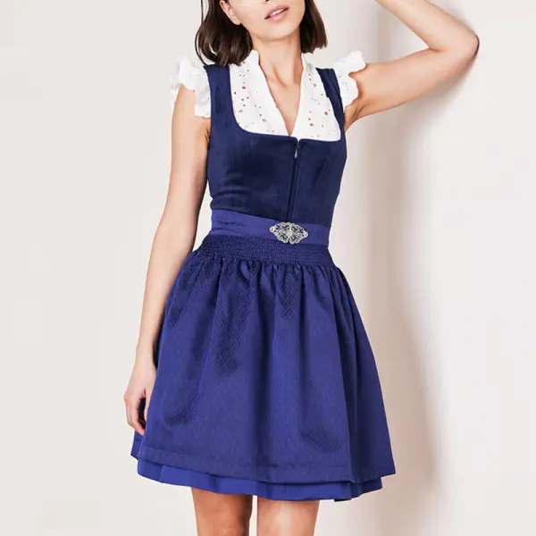 Woman's Kruger Mini Dirndl Navy Blue Velvet Dress 2-piece Set - Elementnice.com 