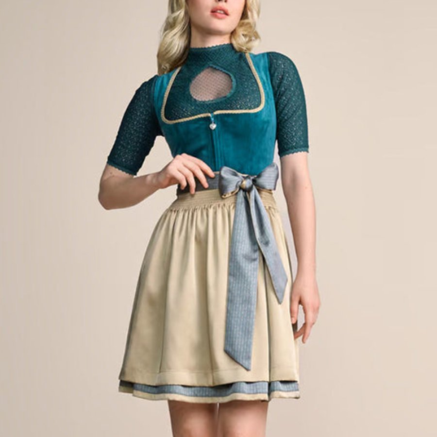 

Woman's Kruger Mini Dirndl Turquoise Color Velvet Dress 2-piece Set