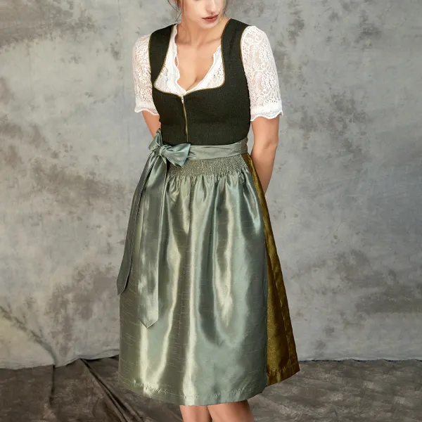 Women's Vintage Oktoberfest Lace Bow Zipper Green Dirndl Dress - Wayrates.com 