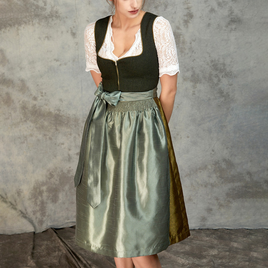 

Women's Vintage Oktoberfest Lace Bow Zipper Green Dirndl Dress