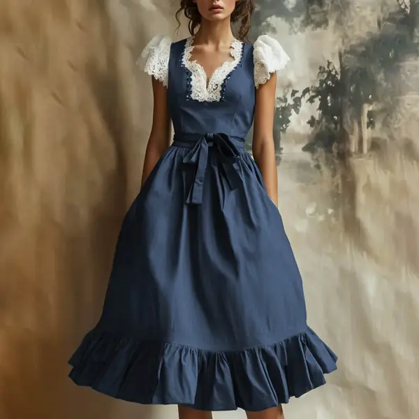 Women's Vintage Oktoberfest Lace Bow V-neck Navy Dirndl Dress - Wayrates.com 