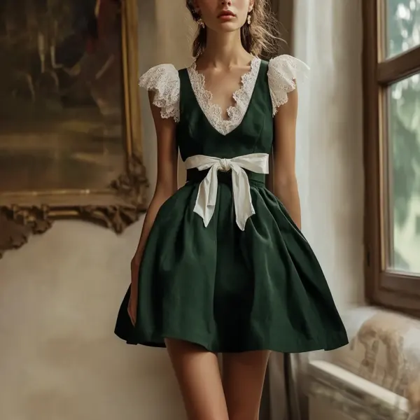 Women's Vintage Oktoberfest Lace Bow V-neck Dark Green Dirndl Dress - Elementnice.com 