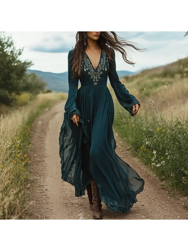 Women's Vintage Floral Boho Style Pastoral V-neck Navy Long Dress - Cominbuy.com 