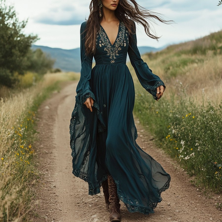 

Women's Vintage Floral Boho Style Pastoral V-neck Navy Long Dress