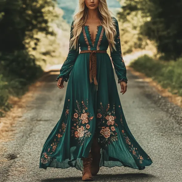 Women's Vintage Floral Boho Style Pastoral V-neck Long Dress - Wayrates.com 