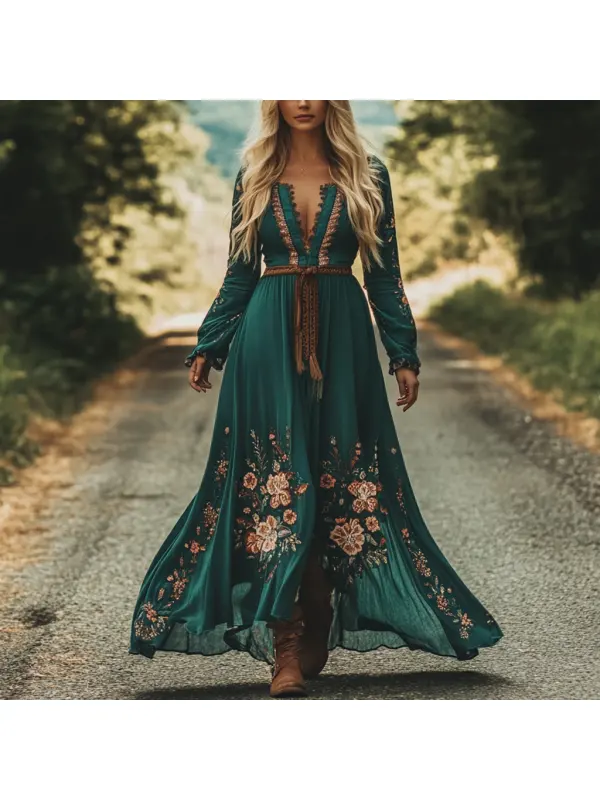 Women's Vintage Floral Boho Style Pastoral V-neck Long Dress - Cominbuy.com 