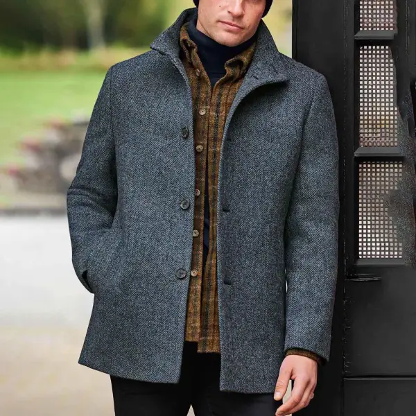 Men's Vintage Herringbone Tweed Stand Collar Jacket Coat - Wayrates.com 