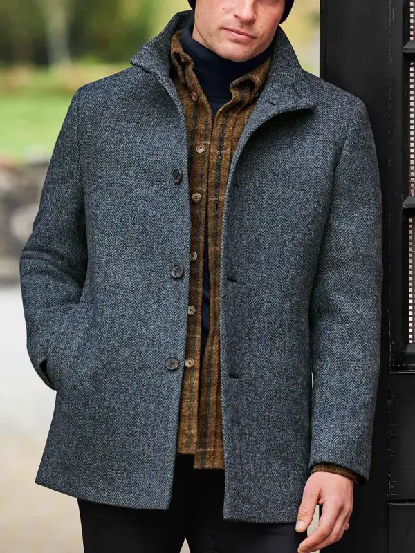 Men's Vintage Herringbone Tweed Stand Collar Jacket Coat - Menwyx.com 