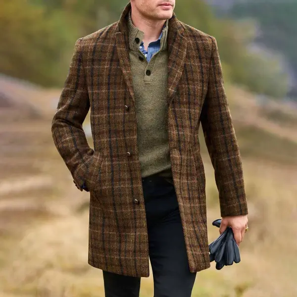 Men's Vintage Plaid Harris Tweed Paddock Mid-Length Coat - Elementnice.com 