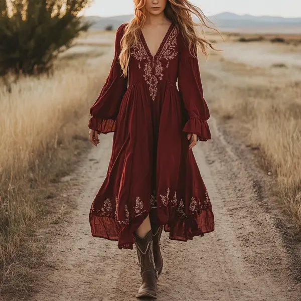 Women's Vintage Floral Boho Style Pastoral V-neck Maroon Long Dress - Wayrates.com 