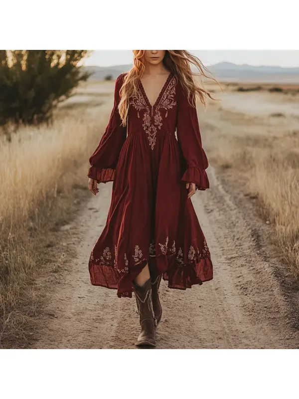 Women's Vintage Floral Boho Style Pastoral V-neck Maroon Long Dress - Realyiyishop.com 