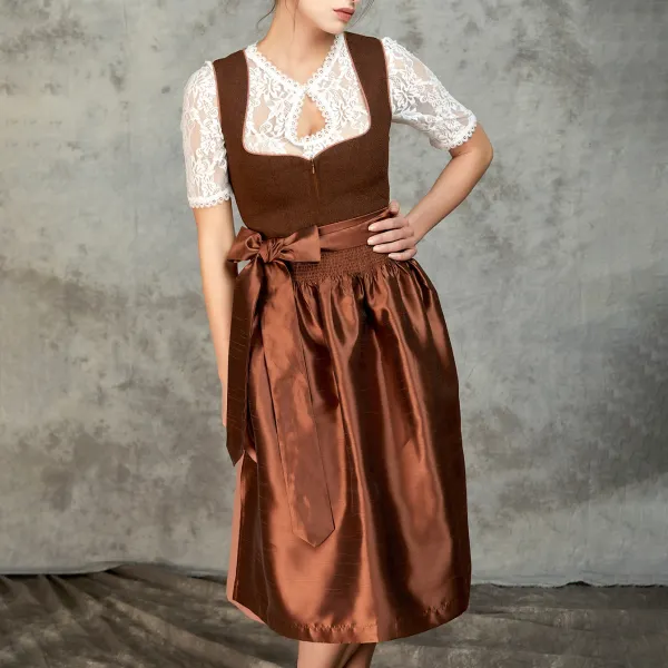 Women's Vintage Oktoberfest Lace Bow Zipper Brown Dirndl Dress - Elementnice.com 