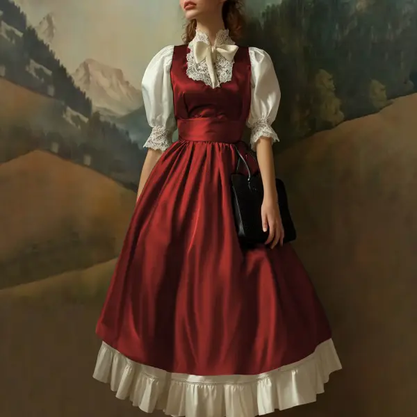 Women's Vintage Oktoberfest Lace Bow Red Dirndl Dress - Wayrates.com 