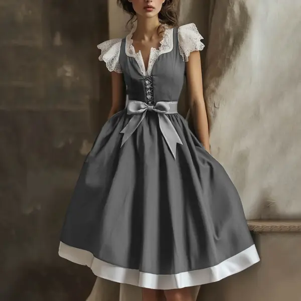 Women's Vintage Oktoberfest Lace Bow Lace-up Gray Dirndl Dress - Elementnice.com 