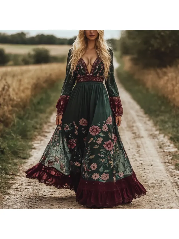 Women's Vintage Floral Boho Style Contrast Pastoral V-neck Long Green Dress - Viewbena.com 