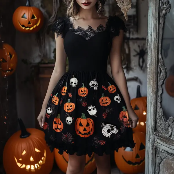 Ladies Vintage Halloween Skull Pumpkin Print Lace Dress - Elementnice.com 