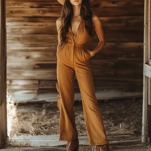 Women's Western Cowboy V-neck Button Cotton And Linen Jumpsuit - Wayrates.com 