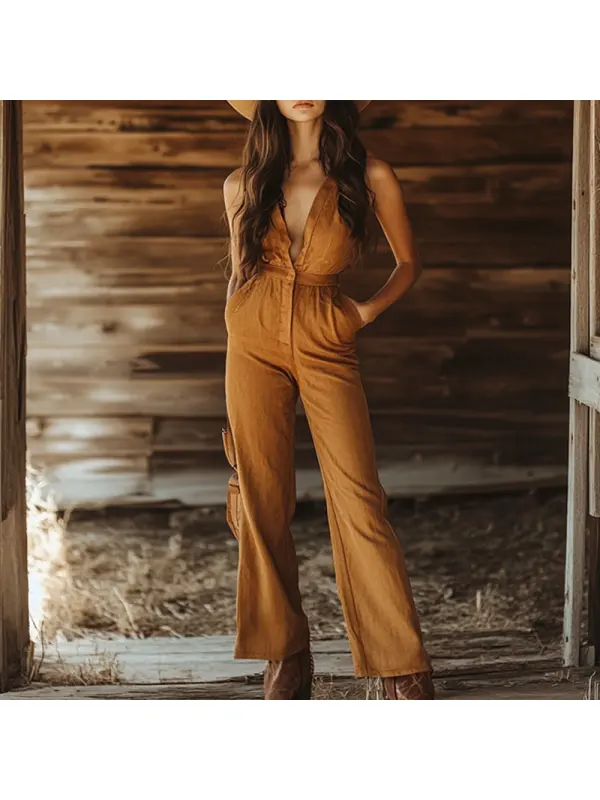 Women's Western Cowboy V-neck Button Cotton And Linen Jumpsuit - Hoplady.chimpone.com 