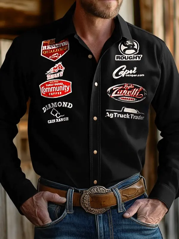 Men's West Cowboy Outdoor PBR Teams Black Long Sleeved Collar Shirts - Menwyx.com 