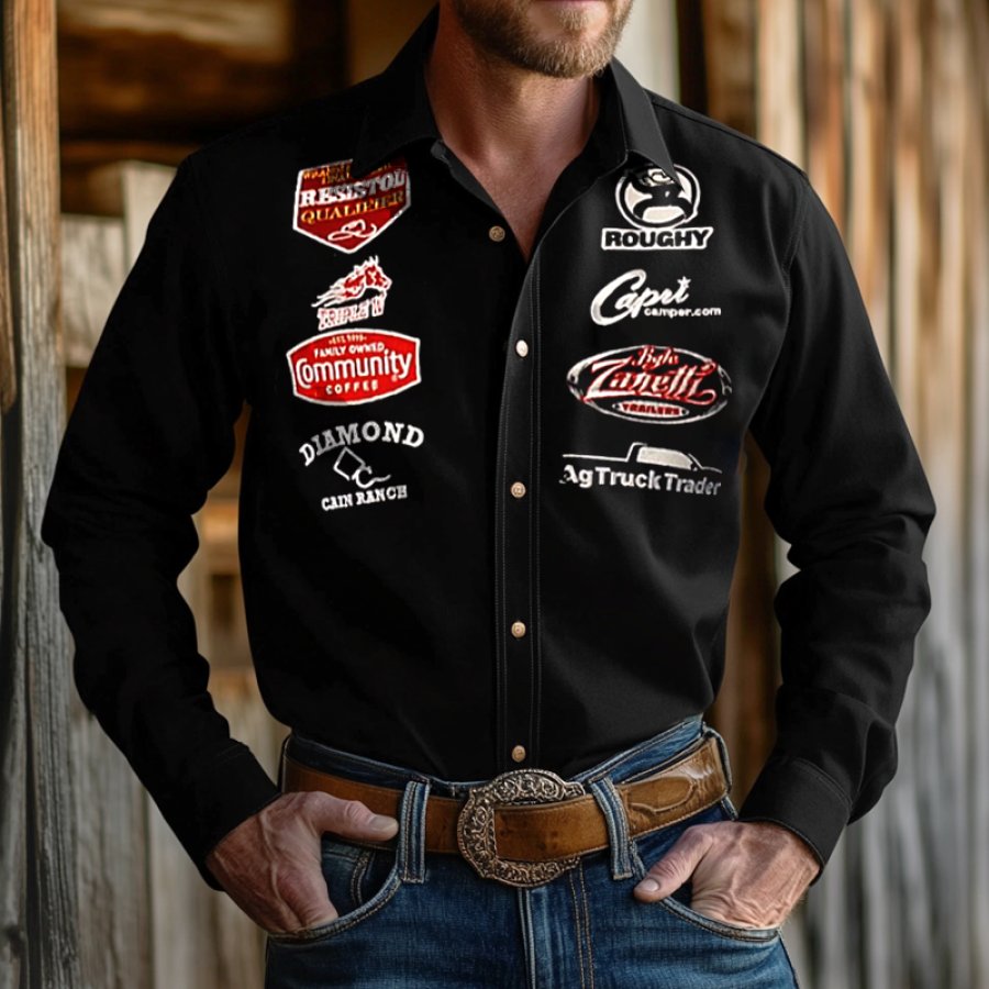 

Men's West Cowboy Outdoor PBR Teams Black Long Sleeved Collar Shirts