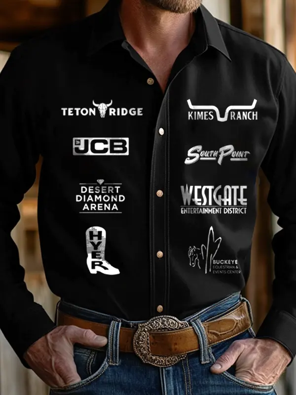 Men's West Cowboy Outdoor PBR Teams Black Long Sleeved Collar Shirts - Menwyx.com 