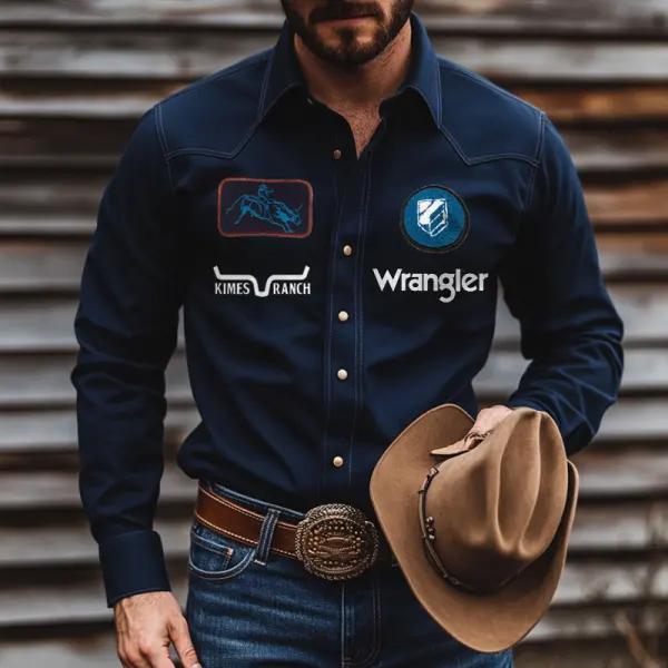 Men's West Cowboy Outdoor PBR Teams Dark Blue Long Sleeved Collar Shirts - Dozenlive.com 