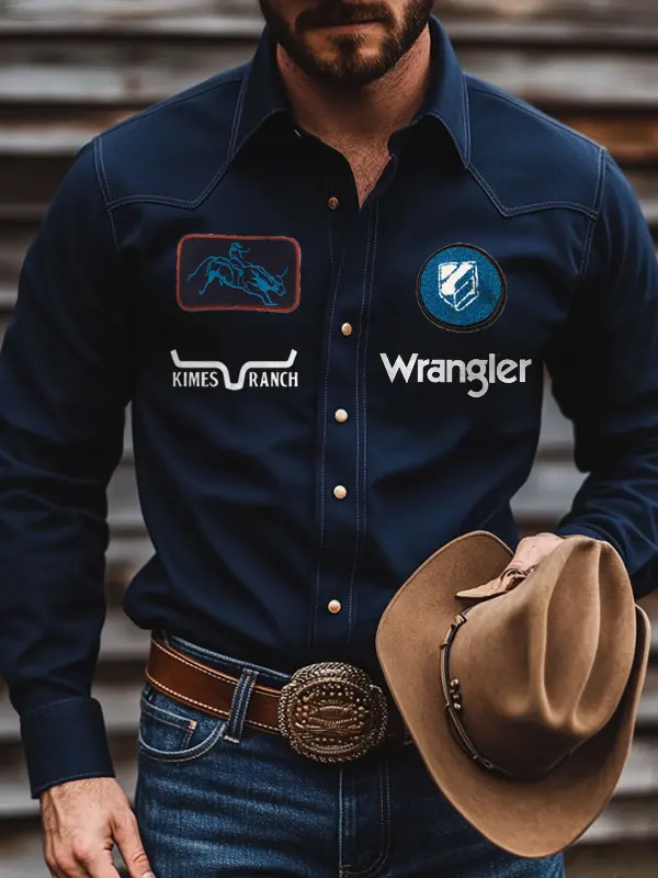 Men's West Cowboy Outdoor PBR Teams Dark Blue Long Sleeved Collar Shirts - Menwyx.com 